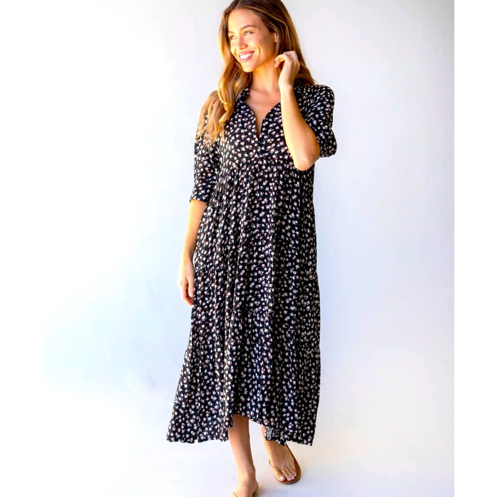 Natural Life Rebecca Boho Black Floral Button Front Maxi Dress
